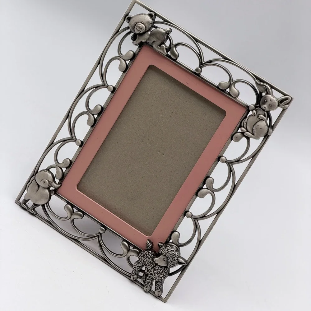 Vintage Pewter Animal Filigree Baby Picture Frame Silver Pink Bear Bunny Lamb